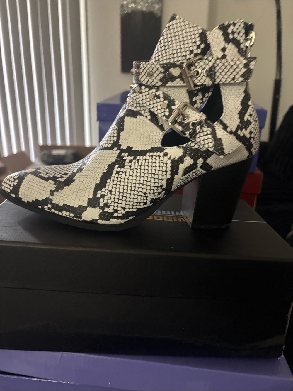 Snake-Print Cutout Block Heel Ankle Boot - White/Black